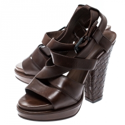 مملوكة مسبقًا Bottega Veneta Brown Leather Intrecciato Heel Strappy Platform Sandals Size 36.5