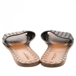 Pre Owned Bottega Veneta Metallic Green Leather Intrecciato Flat Slides Size 39