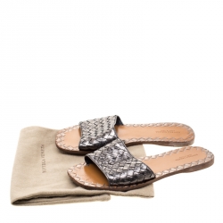مملوكة مسبقًا Bottega Veneta Metallic Green Intrecciato Leather Flat Slides Size 38