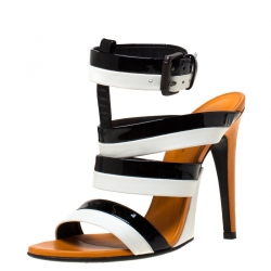 Pre Owned صندل بوتيغا فينيتا سير كاحل سيور جلد أبيض و أسود مقاس 37