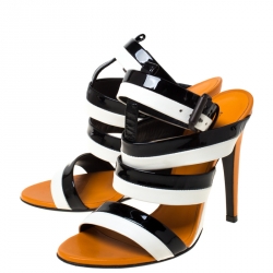 Pre Owned صندل بوتيغا فينيتا سير كاحل سيور جلد أبيض و أسود مقاس 37