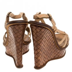 Pre Owned صندل بوتيغا فينيتا جلد بيج بحزام للكاحل نعل سميك كعب روكي مقاس 36.5