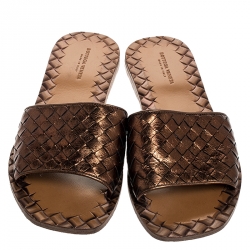 Pre Owned Bottega Veneta Metallic Bronze Intrecciato Leather Flat Slides Size 37