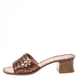 Pre Owned Bottega Veneta Metallic Bronze Intrecciato Leather Ravello Flat Slides Size 38