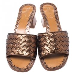 Pre Owned Bottega Veneta Metallic Bronze Intrecciato Leather Ravello Flat Slides Size 38