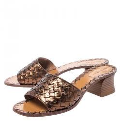 Pre Owned Bottega Veneta Metallic Bronze Intrecciato Leather Ravello Flat Slides Size 38