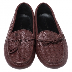 Pre Owned Bottega Veneta Brown Intrecciato Leather Bow Slip On Loafers Size 37.5