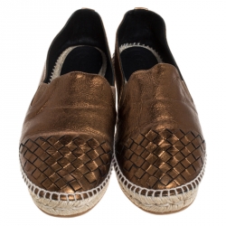 Pre Owned Bottega Veneta Bronze Intrecciato  Leather Espadrille Flats Size 41