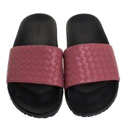 Pre Owned Bottega Veneta Black/Old Rose Intrecciato Leather Lake Slide Flats Size 39