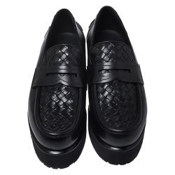 Pre Owned Bottega Veneta Black Intrecciato Leather Platform Loafers Size 39