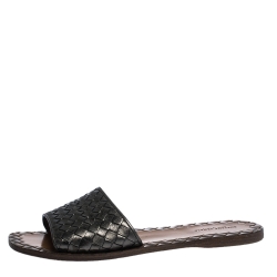 Pre Owned Bottega Veneta Metallic Grey Intreciatto Leather Slip On Slide Size 39