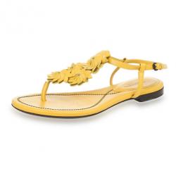 Pre Owned Bottega Veneta Yellow Leather Flower Cutout Sunset Flat Sandals Size 38.5