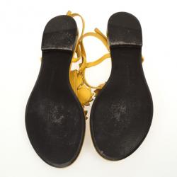 Pre Owned Bottega Veneta Yellow Leather Flower Cutout Sunset Flat Sandals Size 38.5