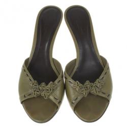 Pre Owned Bottega Veneta Green Leather Mules Size 37.5
