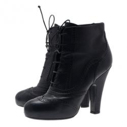 Pre Owned Bottega Veneta Black Leather Lace Up Ankle Boots Size 38.5