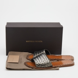 Pre Owned Bottega Veneta Metallic Grey Intrecciato Leather Flat Slide Sandals Size 39