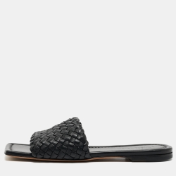 Pre Owned Bottega Veneta Black Intrecciato Leather Flat Slides Size 39