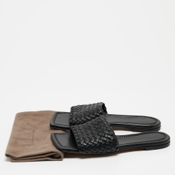 Pre Owned Bottega Veneta Black Intrecciato Leather Flat Slides Size 39