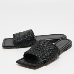 Pre Owned Bottega Veneta Black Intrecciato Leather Flat Slides Size 39