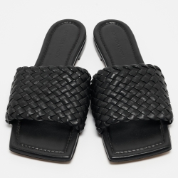Pre Owned Bottega Veneta Black Intrecciato Leather Flat Slides Size 39