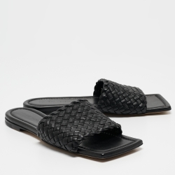 Pre Owned Bottega Veneta Black Intrecciato Leather Flat Slides Size 39
