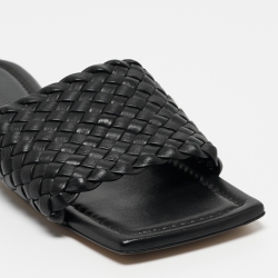 Pre Owned Bottega Veneta Black Intrecciato Leather Flat Slides Size 39