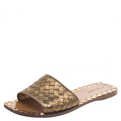 Bottega Veneta Bronze Metallic Intrecciato Leather Flat Slides Size 36.5
