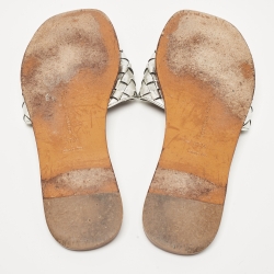 Pre Owned Bottega Veneta Metallic Silver Intrecciato Leather Flat Slides Size 37.5
