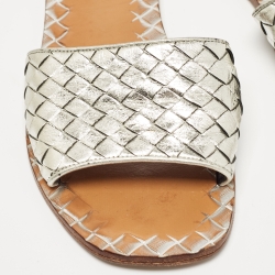 Pre Owned Bottega Veneta Metallic Silver Intrecciato Leather Flat Slides Size 37.5