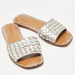 Pre Owned Bottega Veneta Metallic Silver Intrecciato Leather Flat Slides Size 37.5