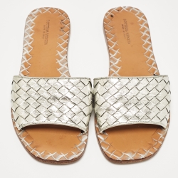 Pre Owned Bottega Veneta Metallic Silver Intrecciato Leather Flat Slides Size 37.5