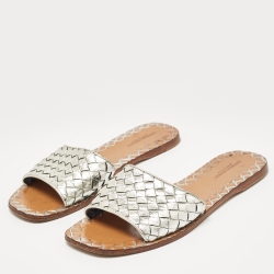 Pre Owned Bottega Veneta Metallic Silver Intrecciato Leather Flat Slides Size 37.5