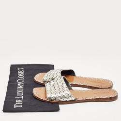 Pre Owned Bottega Veneta Metallic Silver Intrecciato Leather Flat Slides Size 37.5
