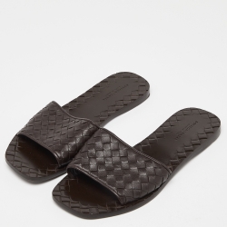 Pre Owned Bottega Veneta Brown Intrecciato Leather Flat Slides Size 36
