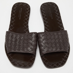 Pre Owned Bottega Veneta Brown Intrecciato Leather Flat Slides Size 36