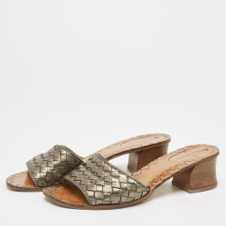 Bottega Veneta Metallic Leather Intrecciato Slides Size 37.5 