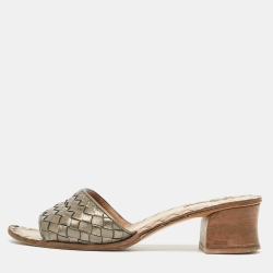 Bottega Veneta Metallic Leather Intrecciato Slides Size 37.5 