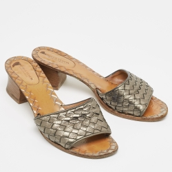 Bottega Veneta Metallic Leather Intrecciato Slides Size 37.5 