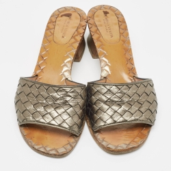 Bottega Veneta Metallic Leather Intrecciato Slides Size 37.5 