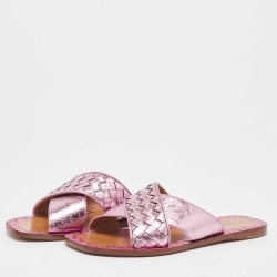 Pre Owned Bottega Veneta Metallic Pink Intrecciato Leather Ravello Flat Slides Size 35