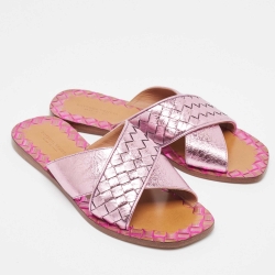 Pre Owned Bottega Veneta Metallic Pink Intrecciato Leather Ravello Flat Slides Size 35