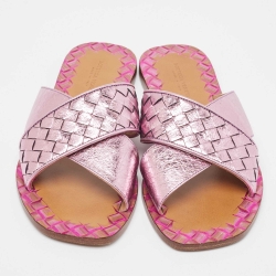 Pre Owned Bottega Veneta Metallic Pink Intrecciato Leather Ravello Flat Slides Size 35