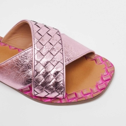 Pre Owned Bottega Veneta Metallic Pink Intrecciato Leather Ravello Flat Slides Size 35
