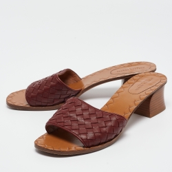 Pre Owned Bottega Veneta Burgundy Intrecciato Leather Slides Size 38
