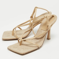 Pre Owned Bottega Veneta Beige Leather Stretch Thong Ankle Strap Sandals Size 37