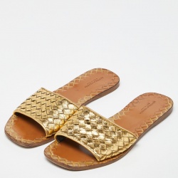 Pre Owned Bottega Veneta Gold Intrecciato Leather Flat Slides Size 39
