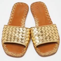 Pre Owned Bottega Veneta Gold Intrecciato Leather Flat Slides Size 39