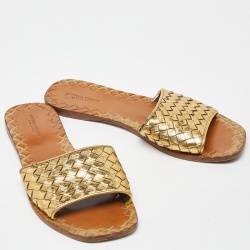 Pre Owned Bottega Veneta Gold Intrecciato Leather Flat Slides Size 39