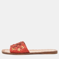 Pre Owned Bottega Veneta Orange Intrecciato Leather Flat Slides Size 39
