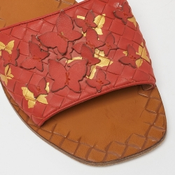 Pre Owned Bottega Veneta Orange Intrecciato Leather Flat Slides Size 39